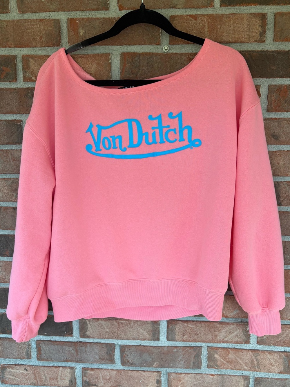 Von Dutch Off-Shoulder Pink Sweater with Blue Logo